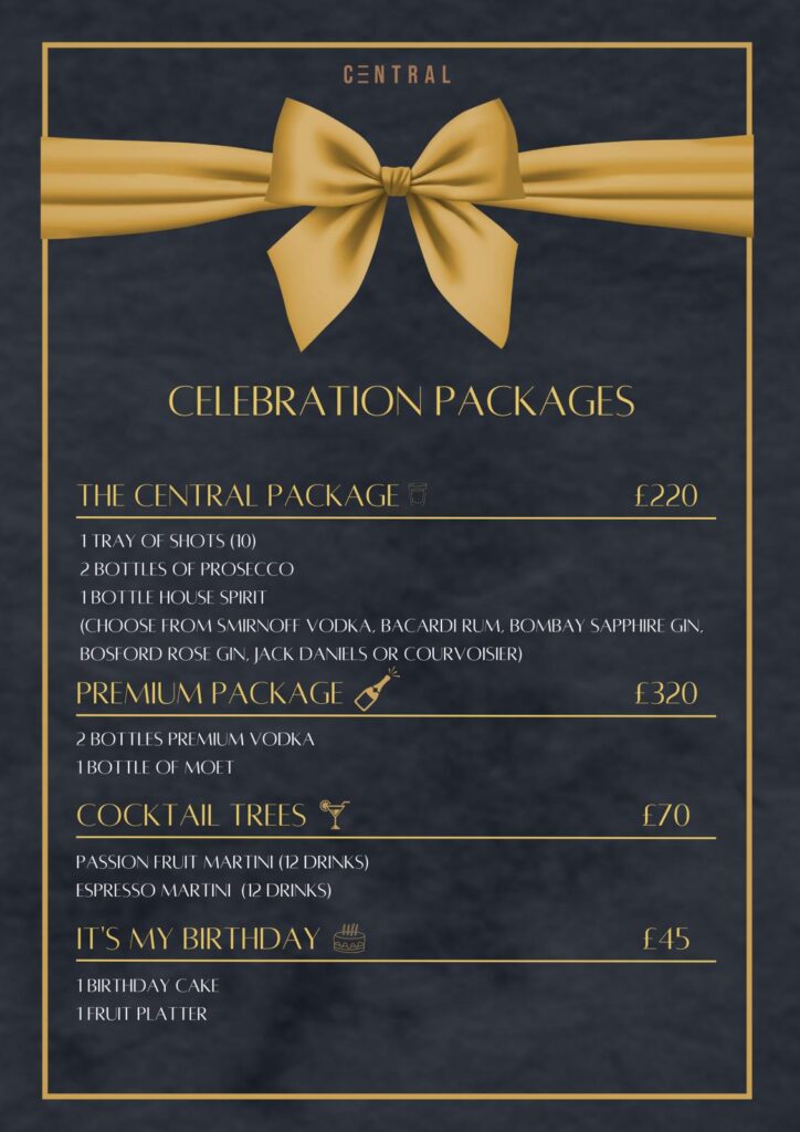 Central celebration packages menu