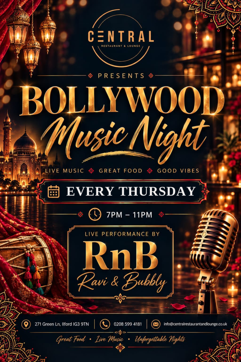Bollywood Music Night at Central, every Thursday 7pm to 11pm, live performance by RnB (Ravi & Bubbly)